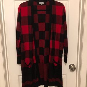 Long Red and Black Plaid Print Cardigan